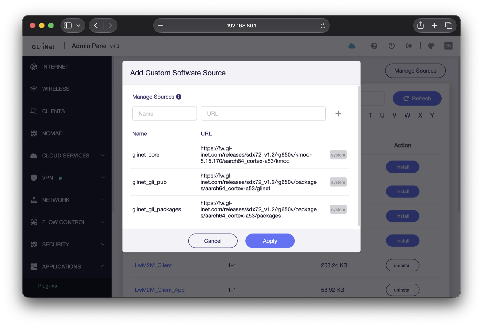 GL.iNet Admin Panel — Add Custom Software Source