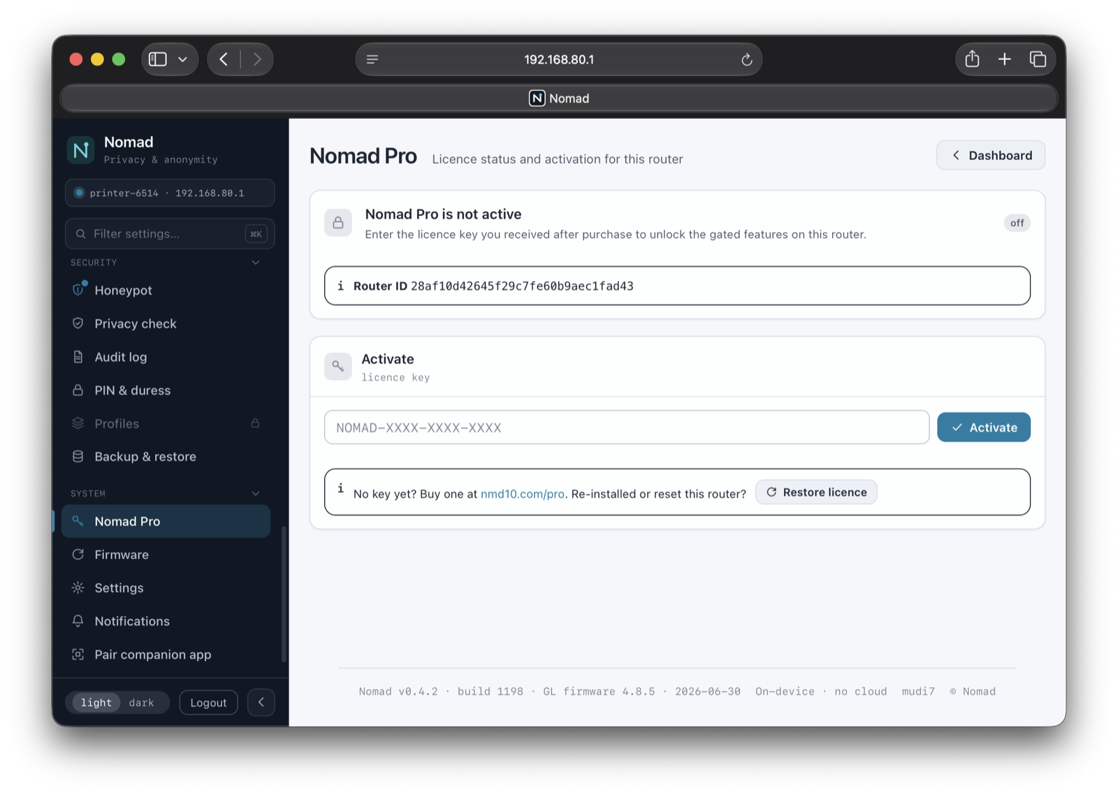 System ▸ Nomad Pro — activate